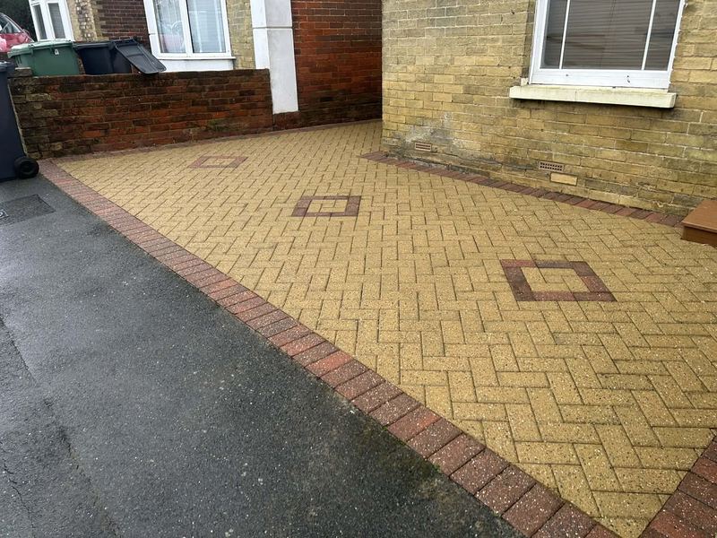 Herringbone driveway after pressure washing, colour restored, Isle of Wight