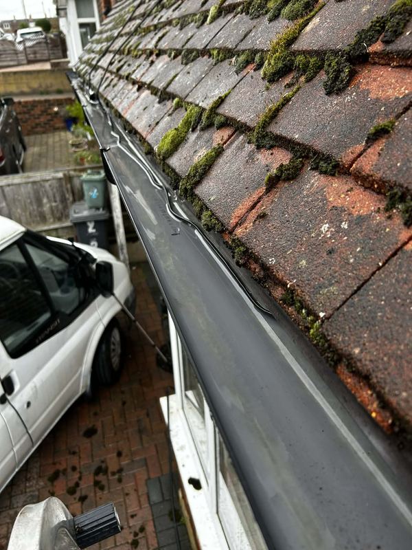 Gutter before clearing showing moss and debris build-up, Isle of Wight